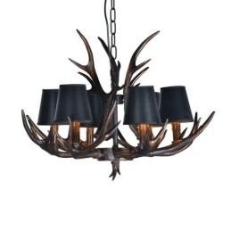 Lustre antigo de chifre retrô artístico rústico preto de 6 luzes com abajures