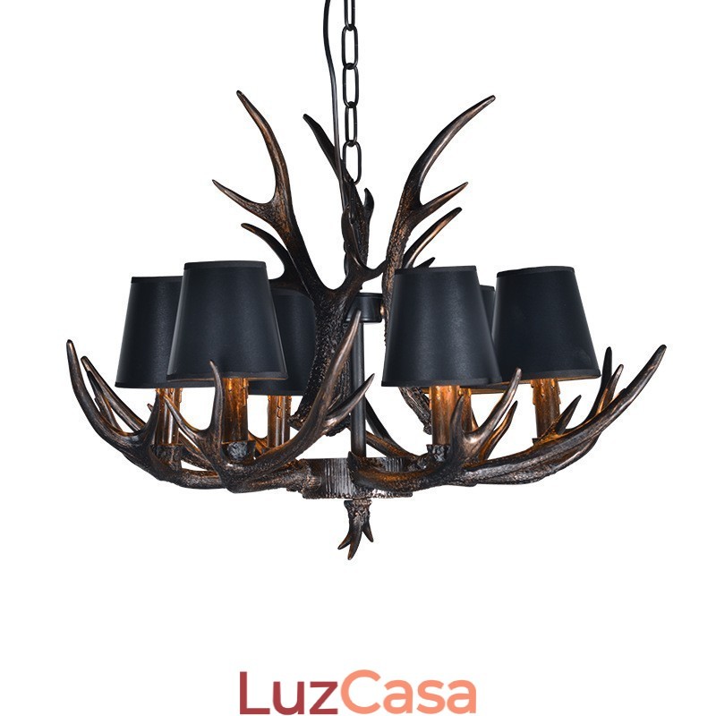 Lustre antigo de chifre retrô artístico rústico preto de 6 luzes com abajures