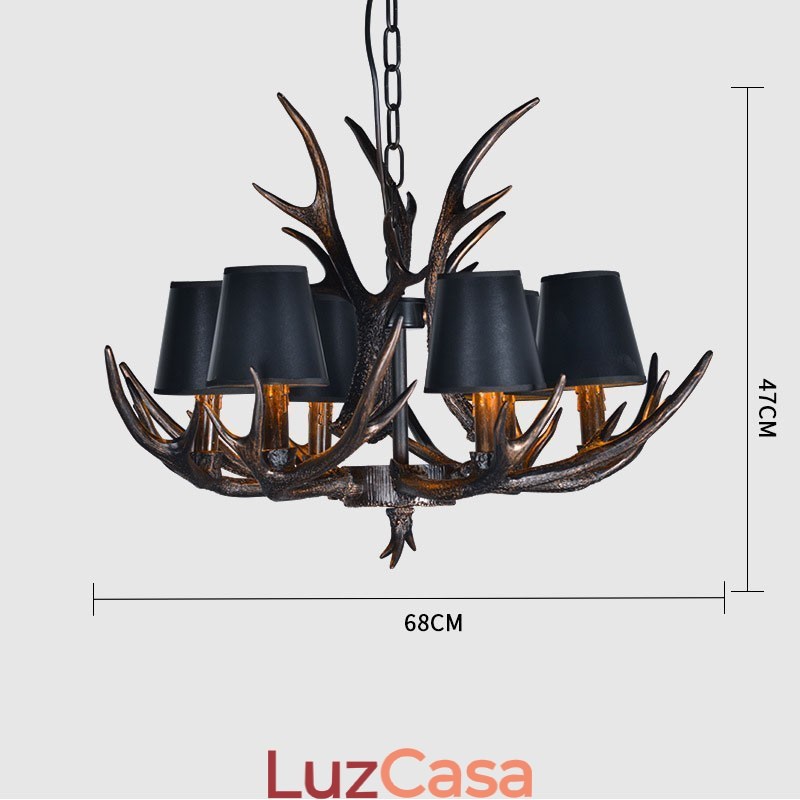Lustre antigo de chifre retrô artístico rústico preto de 6 luzes com abajures