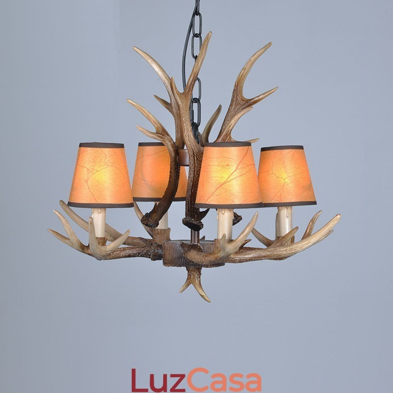 Lustre antigo de chifre retrô artístico rústico de 4 luzes com abajures