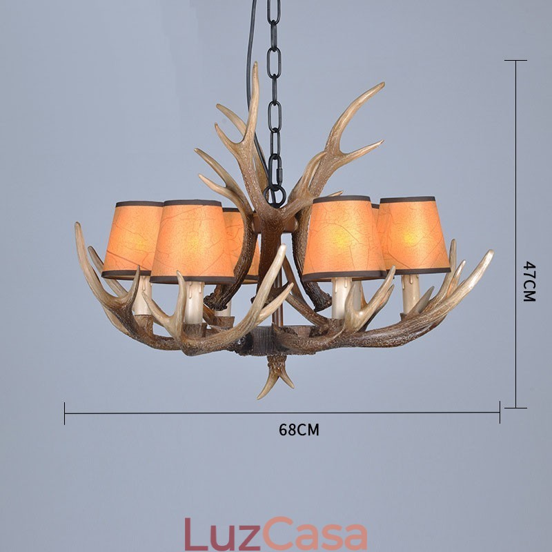 Lustre antigo de chifre retrô artístico rústico de 6 luzes com abajures