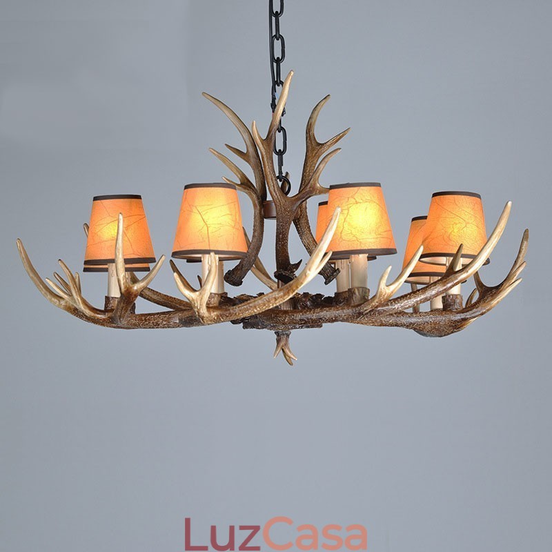 Lustre antigo de chifre retrô artístico rústico de 8 luzes com abajures
