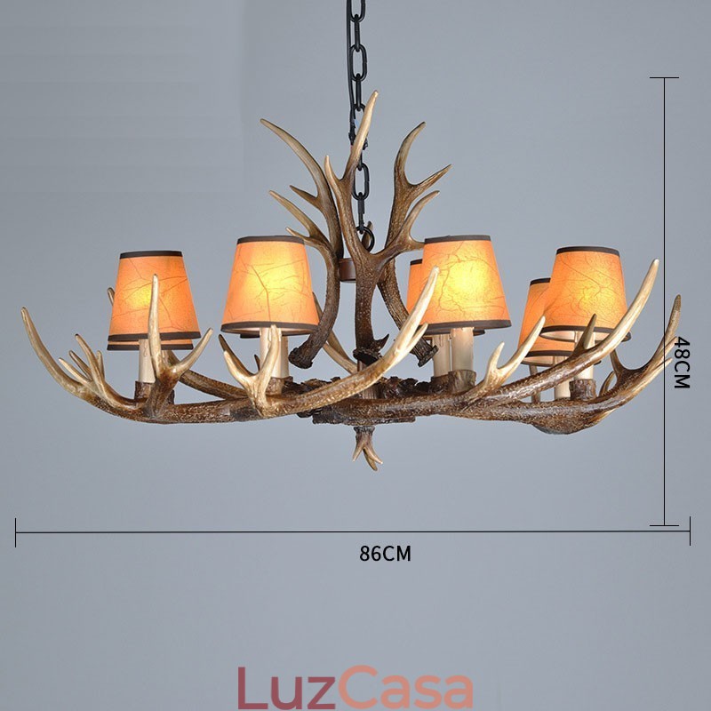 Lustre antigo de chifre retrô artístico rústico de 8 luzes com abajures