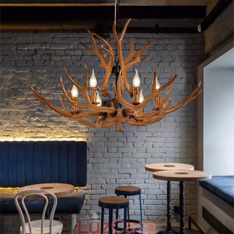 Lustre antigo de chifre retrô artístico rústico de 6 luzes
