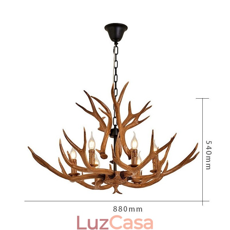 Lustre antigo de chifre retrô artístico rústico de 6 luzes