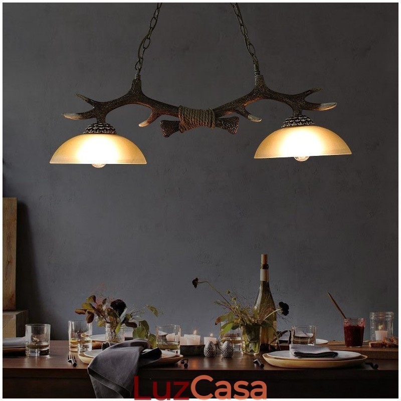 2 Luzes Preto Rústico Artístico Retro Antler Antigo Pendente Luz com Sombra de Vidro