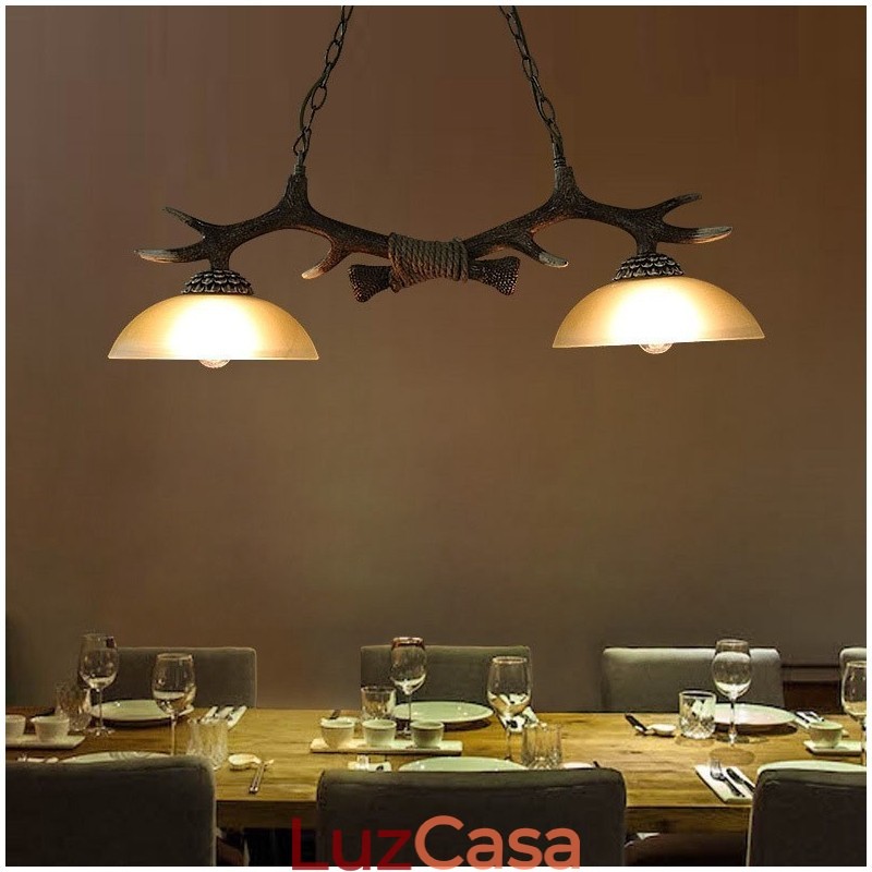 2 Luzes Preto Rústico Artístico Retro Antler Antigo Pendente Luz com Sombra de Vidro