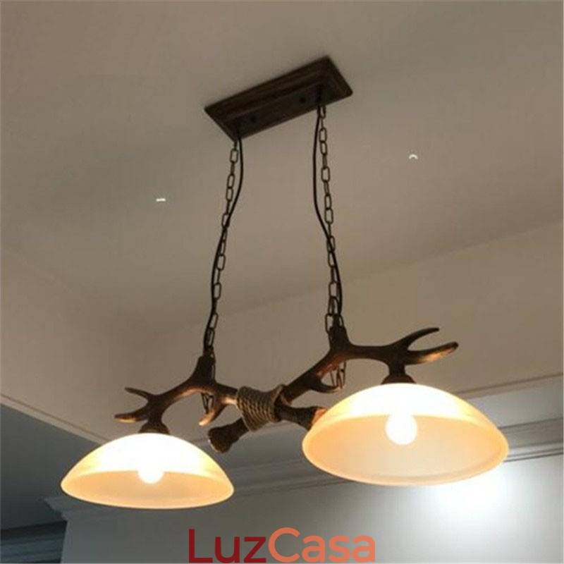 2 Luzes Preto Rústico Artístico Retro Antler Antigo Pendente Luz com Sombra de Vidro