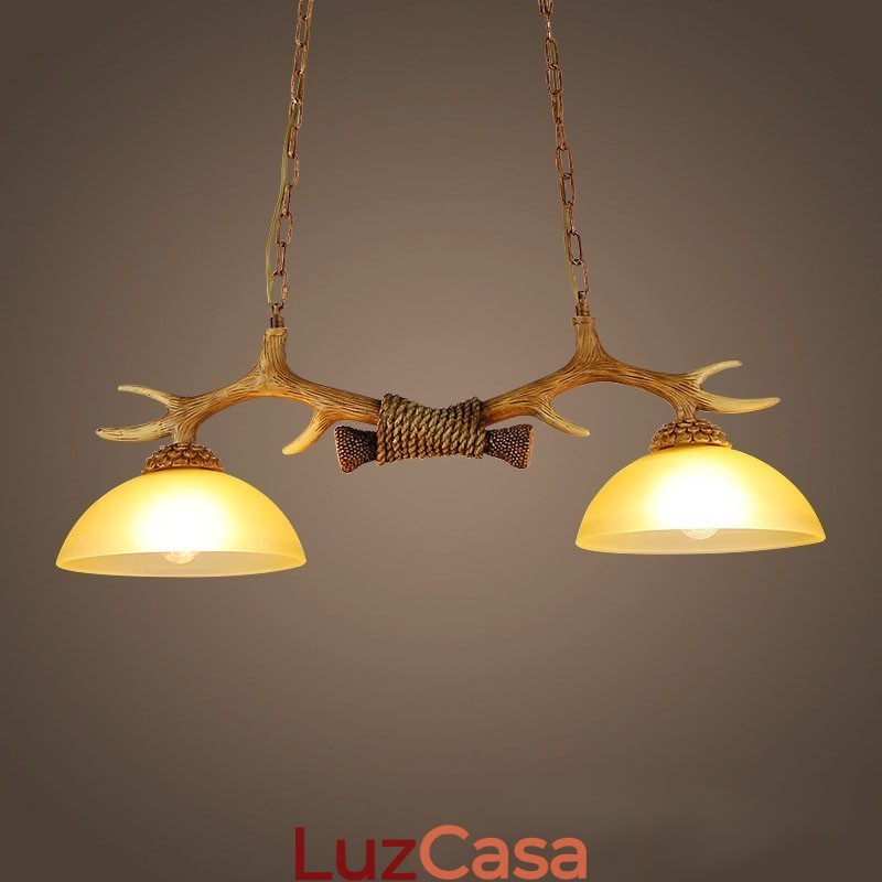 2 Luzes pendentes antigas de chifres retrô artísticos rústicos castanhos claros com cúpula de vidro