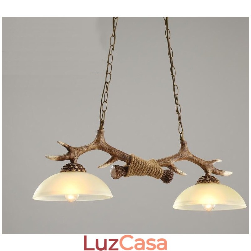 2 Luzes pendentes antigas de chifres retrô artísticos rústicos castanhos claros com cúpula de vidro
