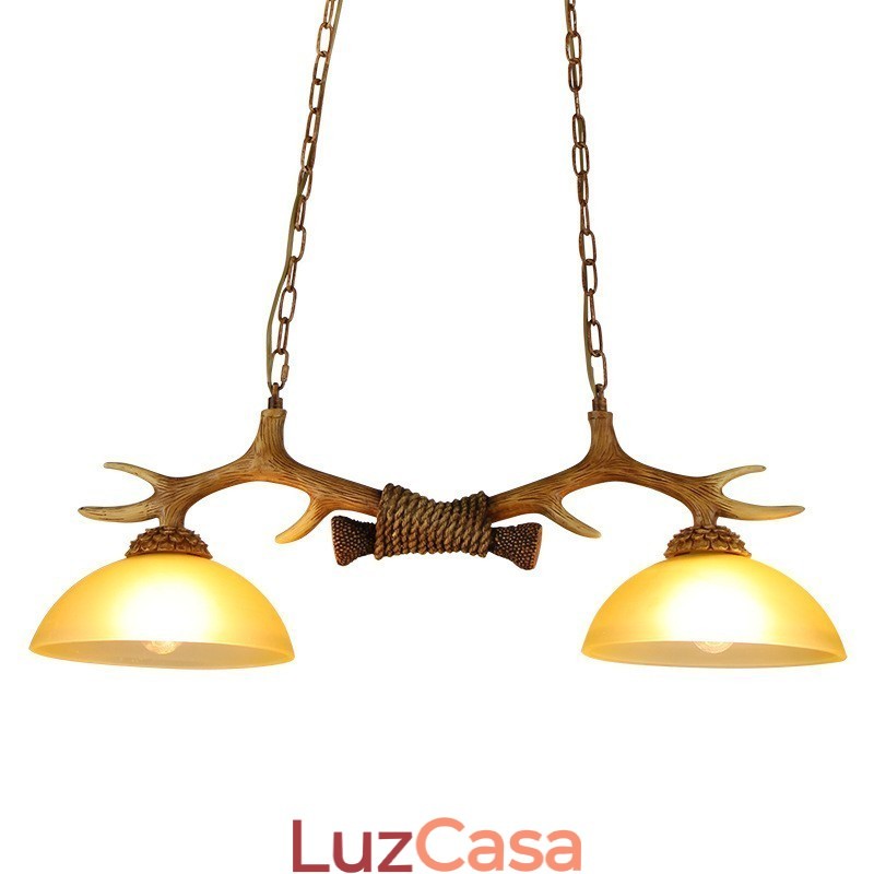 2 Luzes pendentes antigas de chifres retrô artísticos rústicos castanhos claros com cúpula de vidro