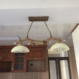 2 Luzes pendentes antigas de chifres retrô artísticos rústicos castanhos claros com cúpula de vidro