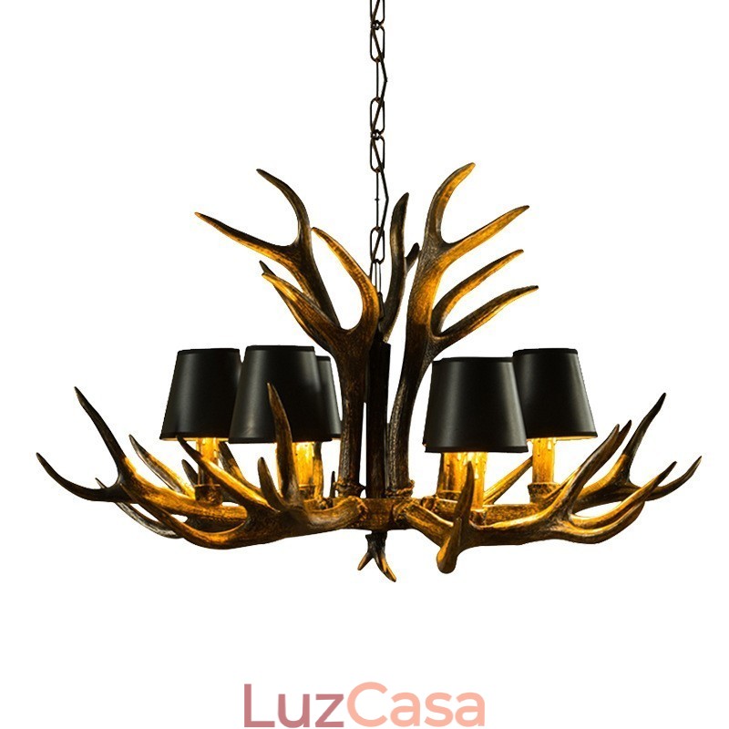 Lustre antigo de chifre retrô artístico rústico preto de 6 luzes com abajures