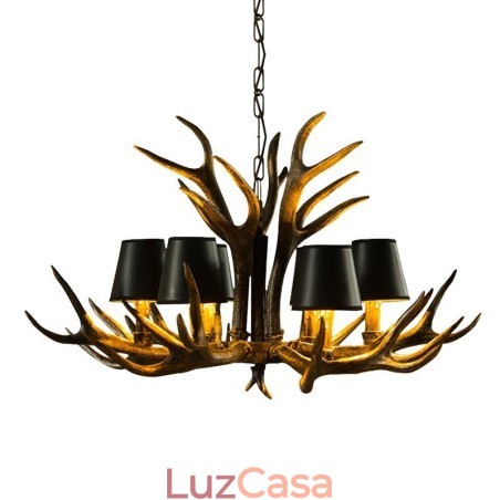 Lustre antigo de chifre retrô artístico rústico preto de 6 luzes com abajures Lustre antigo de chifre retrô artístico rústico preto de 6 luzes com abajures