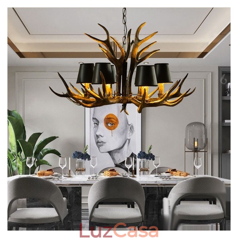Lustre antigo de chifre retrô artístico rústico preto de 6 luzes com abajures