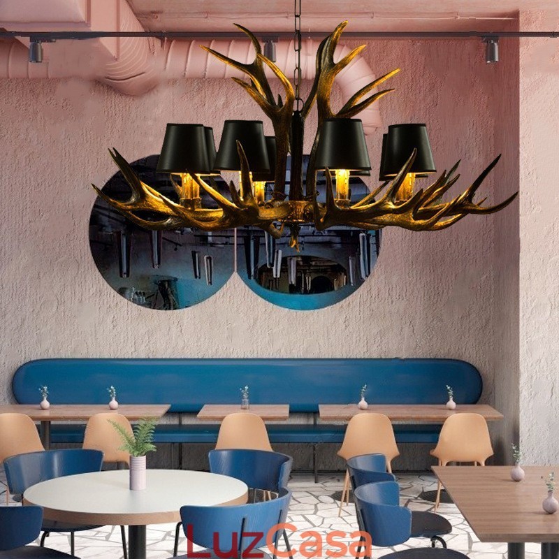 Lustre antigo de chifre retrô artístico rústico preto de 8 luzes com abajures