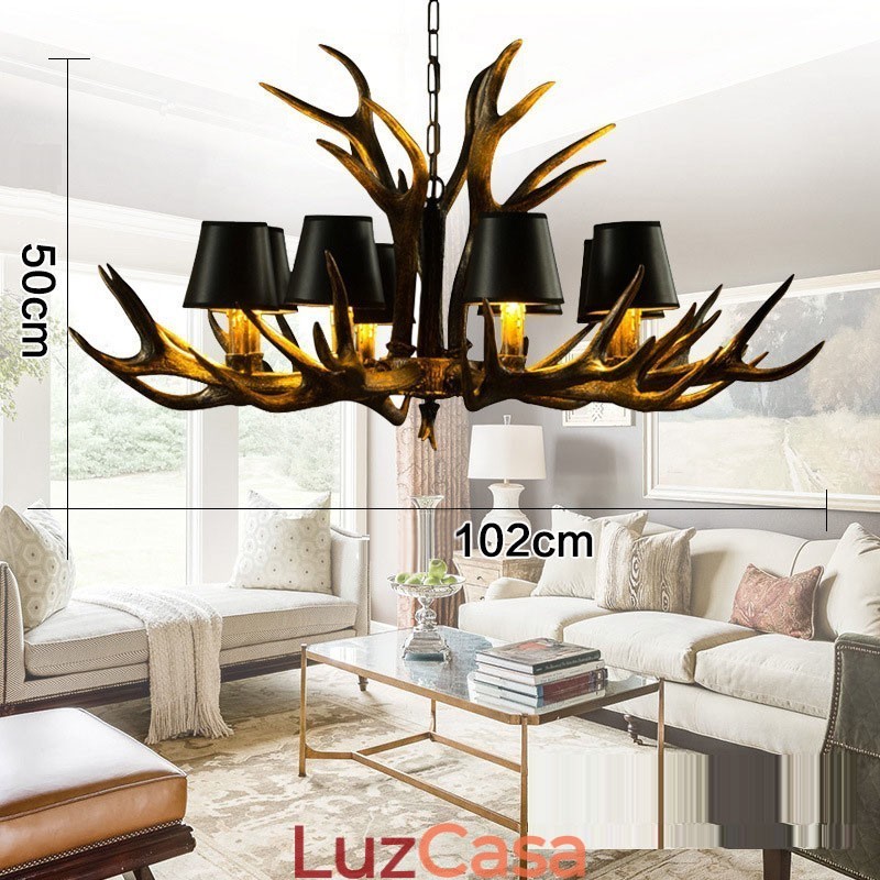 Lustre antigo de chifre retrô artístico rústico preto de 8 luzes com abajures