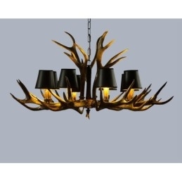 Lustre antigo de chifre retrô artístico rústico preto de 8 luzes com abajures