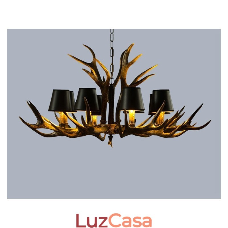 Lustre antigo de chifre retrô artístico rústico preto de 8 luzes com abajures