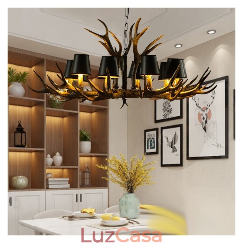 Lustre antigo de chifre retrô com abajures