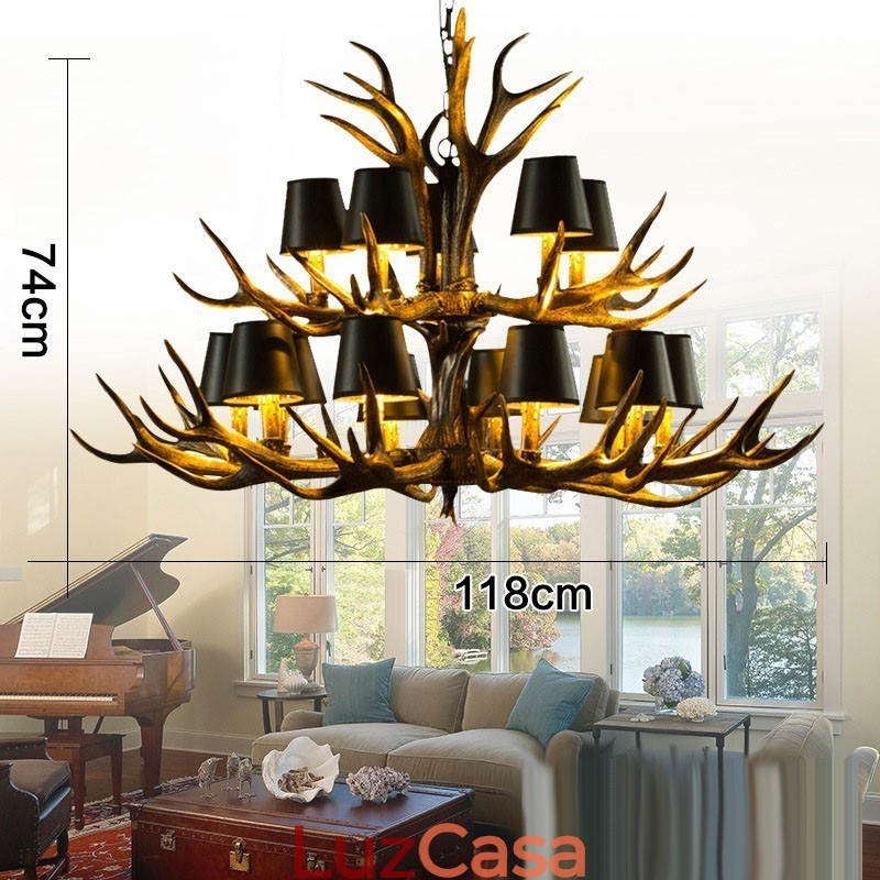 Lustre antigo de chifre retrô artístico rústico preto de 15 luzes com tons