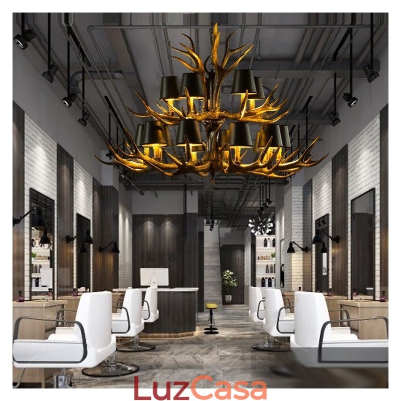 Lustre antigo de chifre retrô artístico rústico preto de 15 luzes com tons