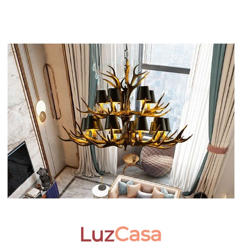 Lustre antigo de chifre retrô artístico rústico preto de 15 luzes com tons