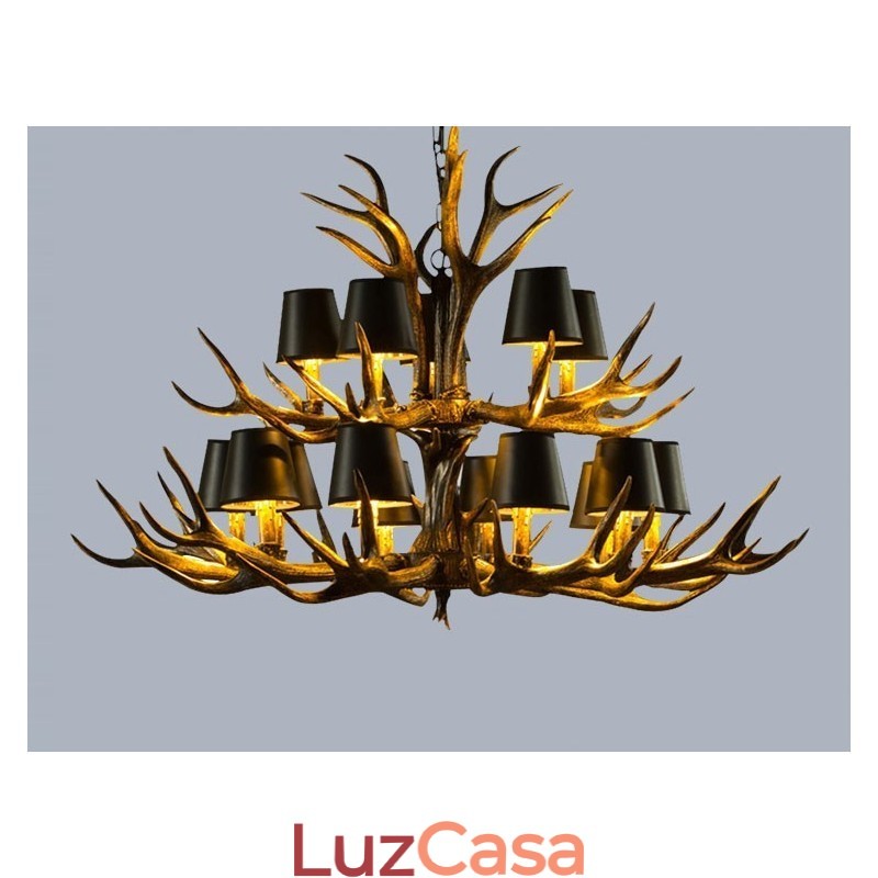 Lustre antigo de chifre retrô artístico rústico preto de 15 luzes com tons