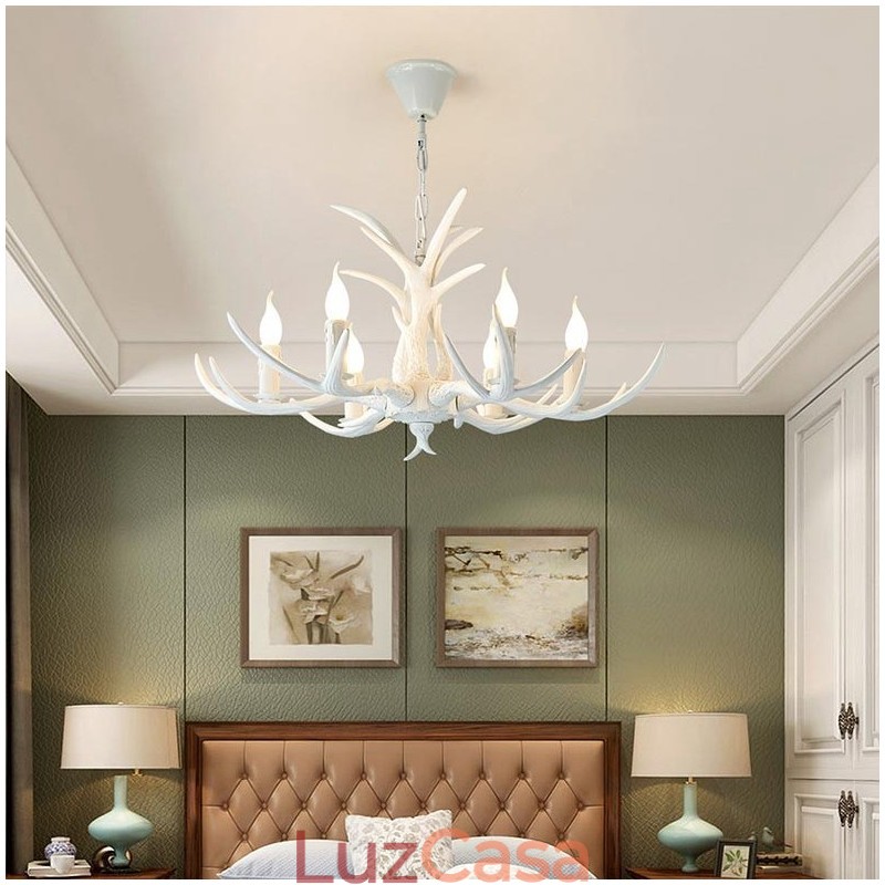 Lustre antigo de chifre retrô artístico rústico branco de 6 luzes