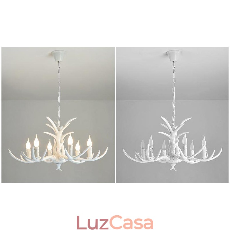 Lustre antigo de chifre retrô artístico rústico branco de 6 luzes