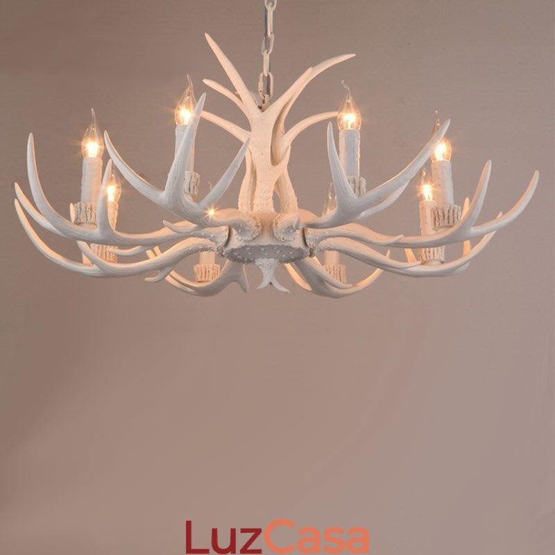 Lustre antigo de chifre retrô artístico rústico branco de 8 luzes