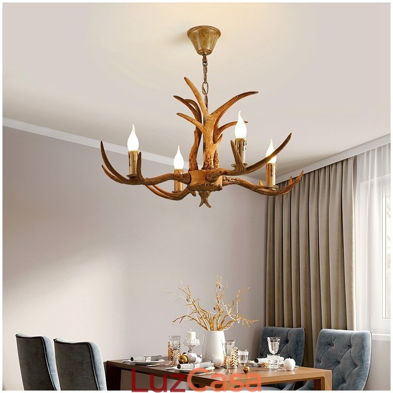 Lustre antigo de chifre retrô artístico rústico de 4 luzes