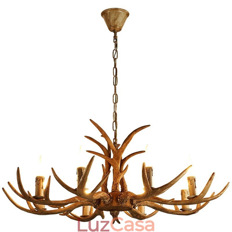 Lustre antigo de chifre retrô artístico rústico de 8 luzes