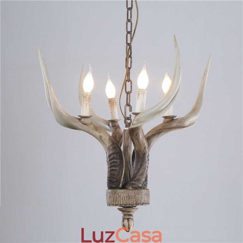 Lustre antigo de chifre retrô artístico rústico de 4 luzes