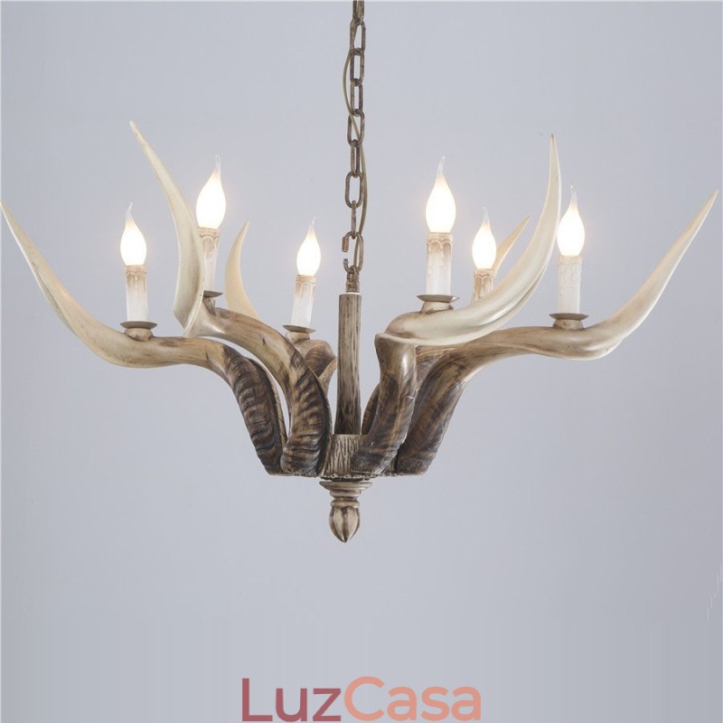Lustre antigo de chifre retrô artístico rústico de 6 luzes