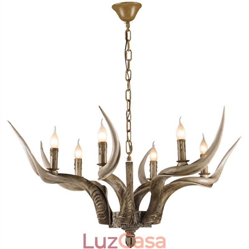 Lustre antigo de chifre retrô artístico rústico de 6 luzes