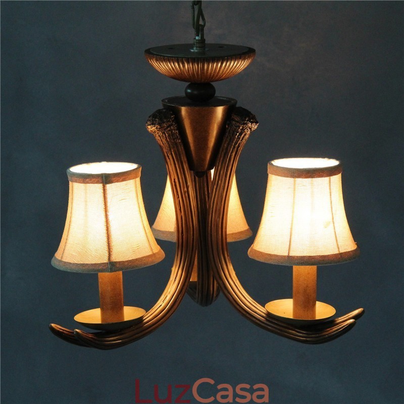 Lustre antigo de chifre retrô artístico rústico de 3 luzes com abajures