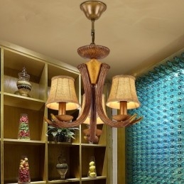 Lustre antigo de chifre retrô artístico rústico de 3 luzes com abajures
