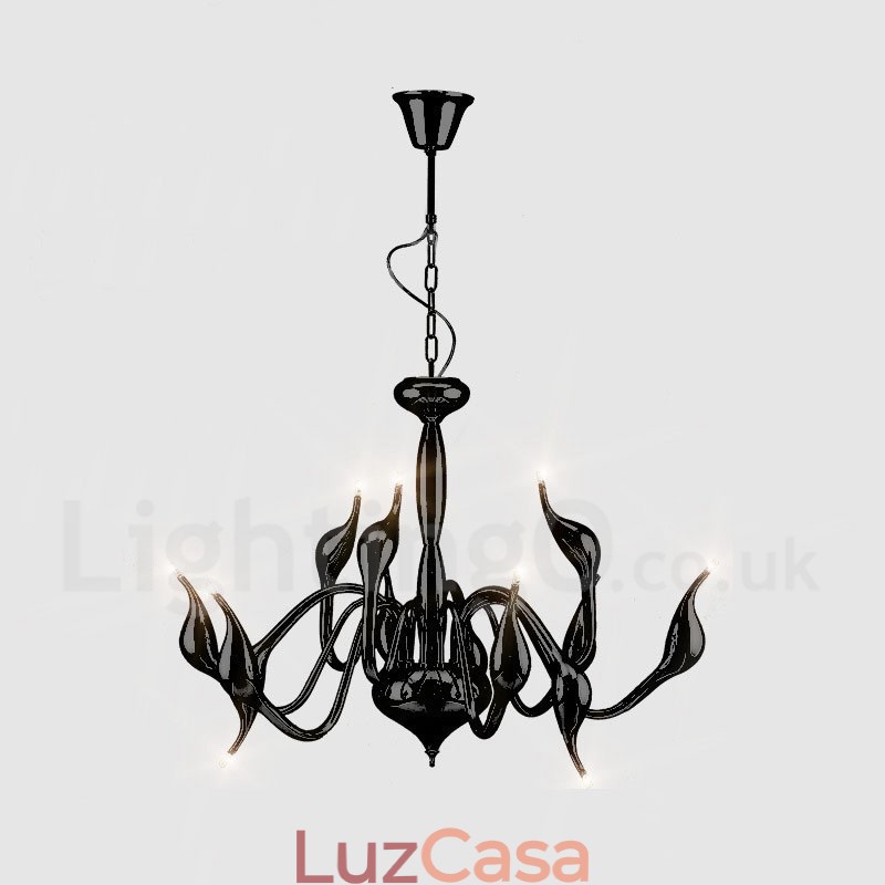 Lustre pendente moderno de metal preto com 12 luzes e cisne