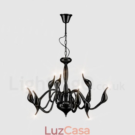 Lustre pendente moderno de metal preto com 12 luzes e cisne Lustre pendente moderno de metal preto com 12 luzes e cisne