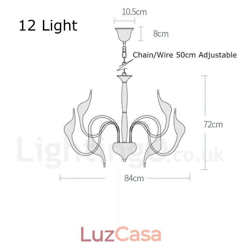 Lustre pendente moderno de metal preto com 12 luzes e cisne