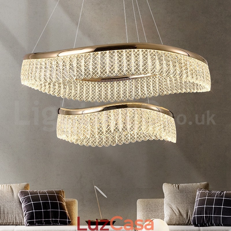 Luminária pendente de cristal quadrado 1 2 anéis K9 cristal luminária de teto interno
