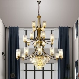 Grande lustre de cristal de cobre de luxo para suporte de luz 12+8+4