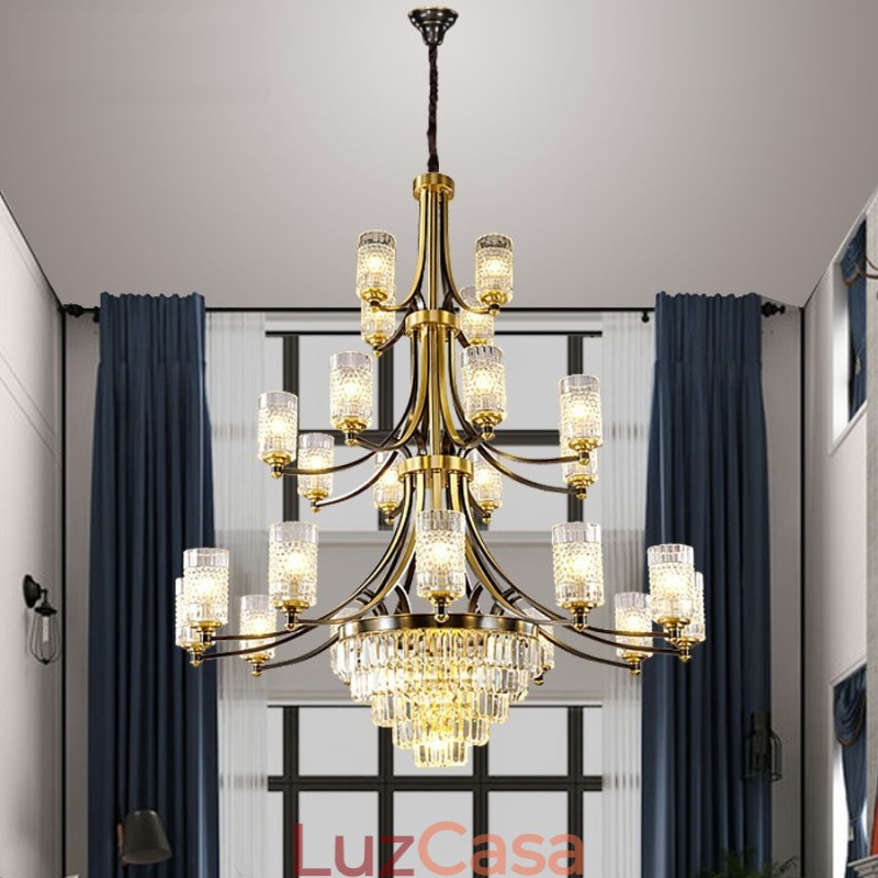 Grande lustre de cristal de cobre de luxo para suporte de luz 12+8+4