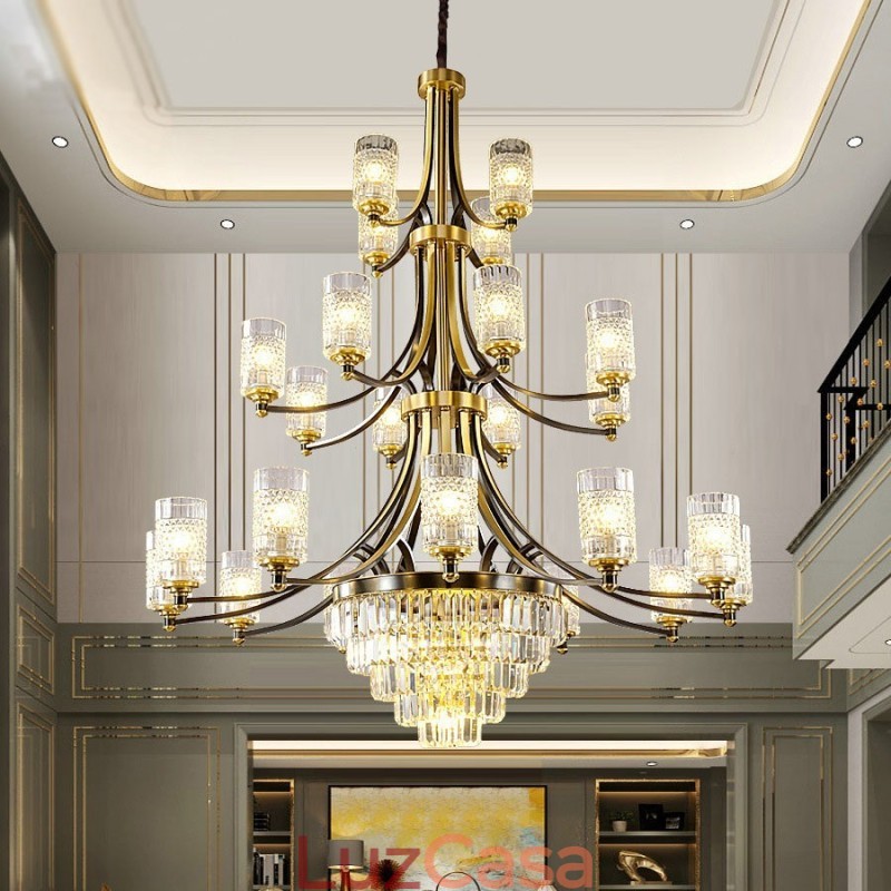 Grande lustre de cristal de cobre de luxo para suporte de luz 12+8+4