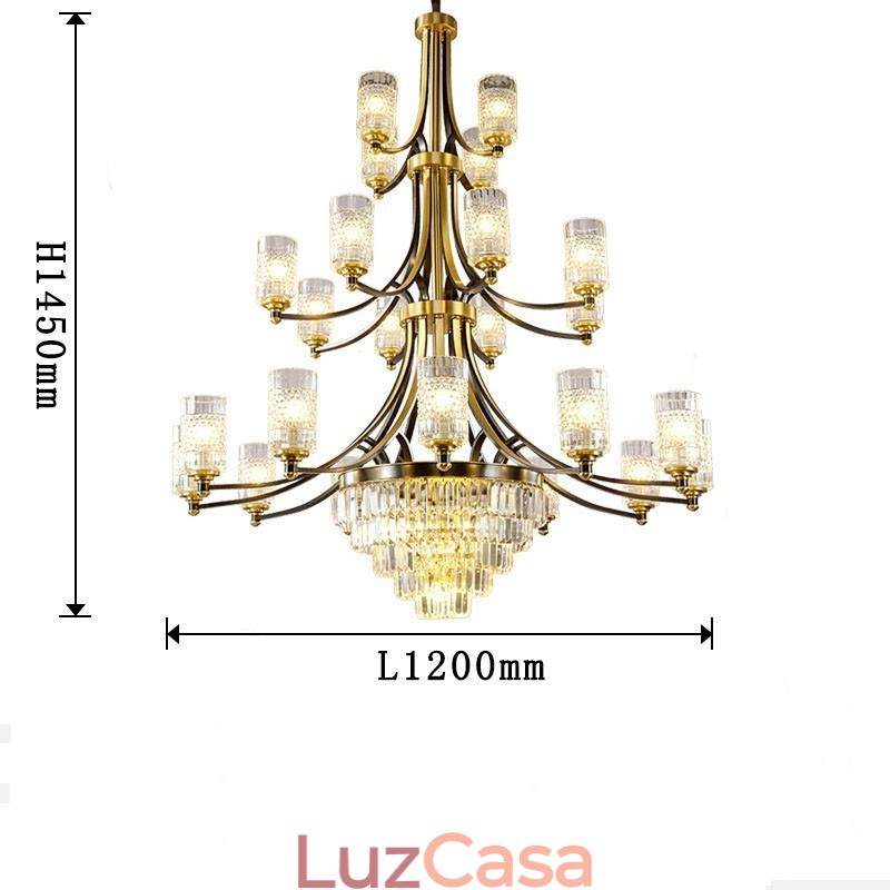 Grande lustre de cristal de cobre de luxo para suporte de luz 12+8+4