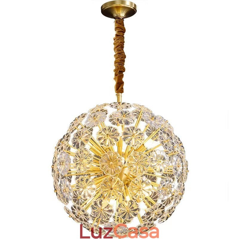 Luminária pendente nórdica esférica de cristal dente-de-leão em latão