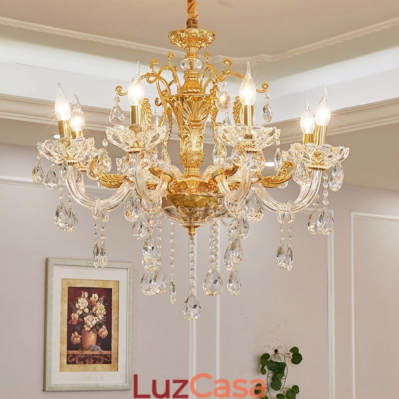 Lustre de cristal de luxo dourado com 6 luzes e 8 luzes