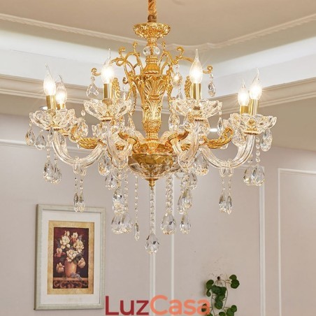 Lustre de cristal de luxo dourado com 6 luzes e 8 luzes Lustre de cristal de luxo dourado com 6 luzes e 8 luzes
