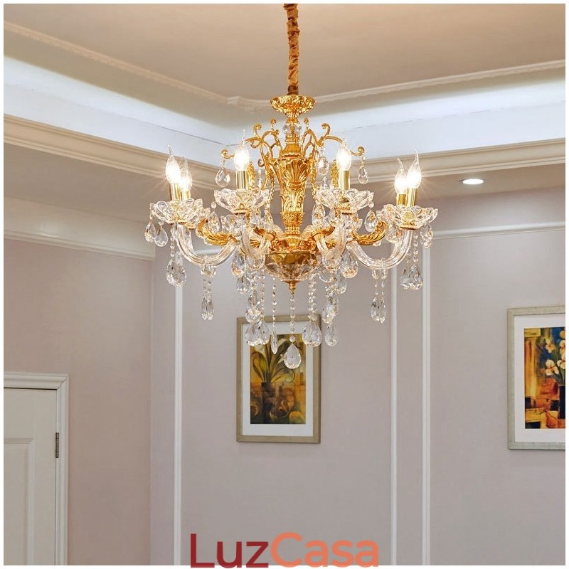Lustre de cristal de luxo dourado com 6 luzes e 8 luzes